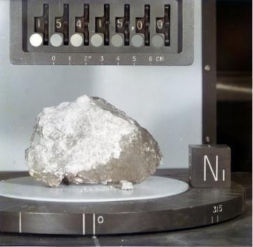 Called the "Genesis Rock," this lunar sample collected during the Apollo 15 mission was thought to be a piece of the moon's primordial crust. A University of Michigan researcher and his colleagues report that traces of water were found in the rock. Credit: NASA/Johnson Space Center. (UPI)