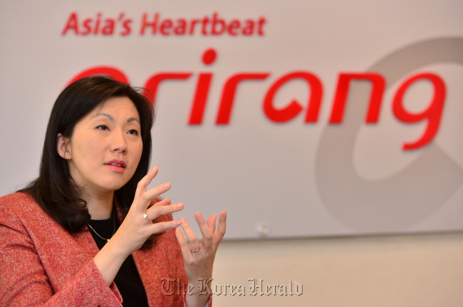 Arirang TV president Sohn Jie-ae speaks during an interview with The Korea Herald at her office Wednesday.   Lee Sang-sub/The Korea Herald