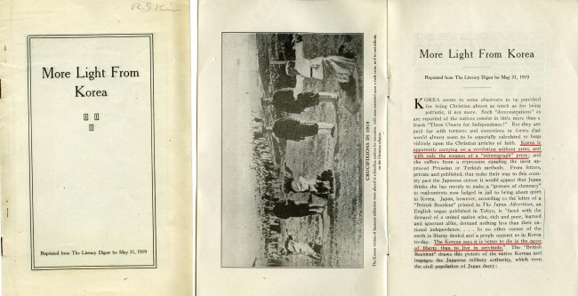 An article, titled “More Light from Korea,” published in the May 31, 1919 edition of The Literary Digest, describes Japan’s deadly crackdown on Koreans who joined the March 1, 1919 independence movement.   Independence Hall of Korea