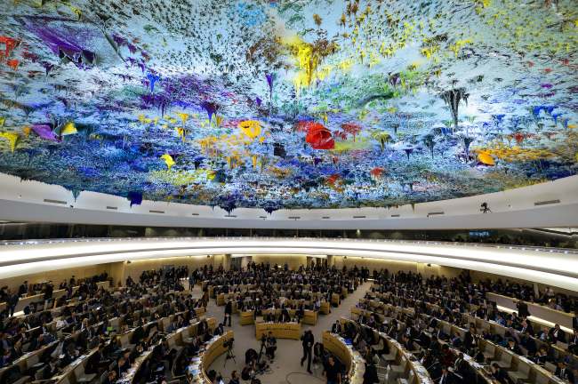 A general view taken on the opening day of the 22nd session of the U.N. Human Rights Council in Geneva on Monday. The council kicks off with widespread abuses in North Korea and Mali as the top items on the agenda, along with the crisis in Syria.   AFP-Yonhap News