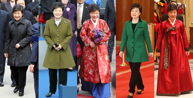 <YONHAP PHOTO-2227> <박근혜정부 출범> 취임패션 (서울=연합뉴스) 하사헌 진성철 서명곤 신준희 기자 = 박근혜 제 18대 대통령이 25일 취임했다. 이날 박 대통령은 최초의 여성대통령답게 행사에 맞춰 다양한 옷차림을 선보였다. 왼쪽부터 삼성동 자택 앞, 국회 취임식장, 광화문광장, 청와대 본관, 영빈관 만찬장의 박 대통령. 2013.2.25 toadboy@yna.co.kr zjin@yna.co.kr seephoto@yna.co.kr hama@yna.co.kr/2013-02-25 20:59:10/ <저작권자 ⓒ 1980-2013 ㈜연합뉴스. 무단 전재 재배포 금지.>
