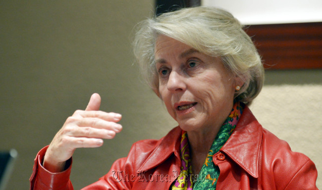 Pamela B. Gann, president of Claremont McKenna College, speaks during an interview with The Korea Herald in Seoul on Monday.   Kim Myung-sub/The Korea Herald