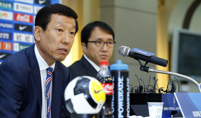 Korea’s head coach Choi Kang-hee announces a team of 23 players for the upcoming FIFA World Cup qualifier, during a press conference Monday.   Yonhap News