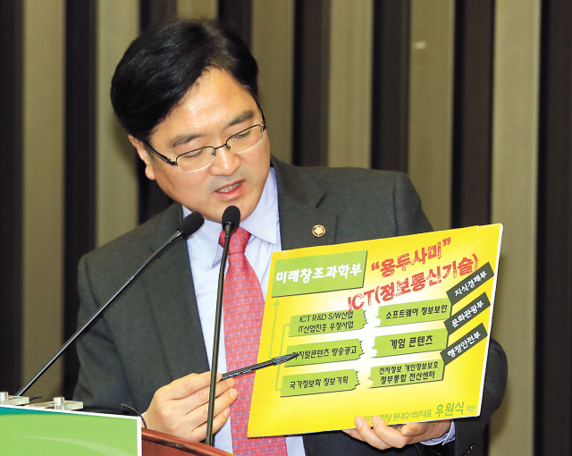 Woo Won-shik, a senior deputy floor leader at the main opposition Democratic United Party, discusses his objections to the establishment of the Future Planning Science Ministry with party members in the National Assembly last month. (Yonhap News)