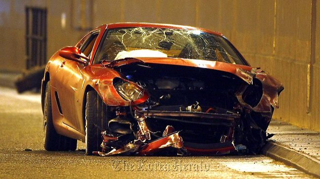 A crashed Ferrari belonging to then Manchester United’s Cristiano Ronaldo in a tunnel near Manchester Airport on Jan. 8, 2009   AFP