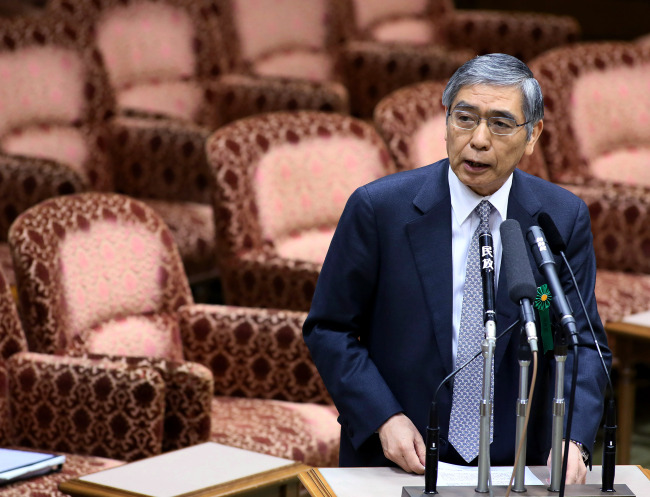 Haruhiko Kuroda, president of the Asian Development Bank and nominee for governor of the Bank of Japan, speaks during a confirmation hearing at the lower house of Parliament in Tokyo on Monday.   Bloomberg