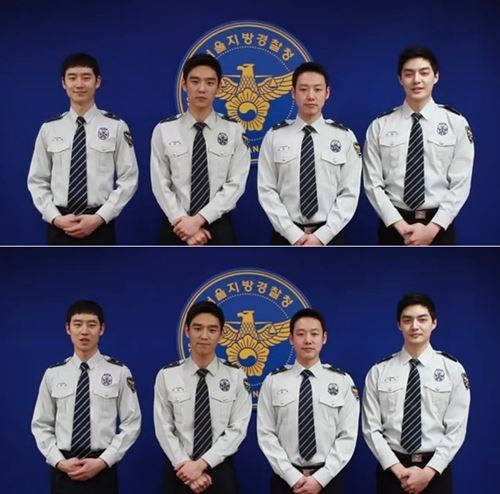 이제훈(좌측부터/영화배우),에이스(최성욱/가수/파란),김동욱(영화배우/탤런트),김준(김형준/가수/탤런트/티맥스)
서울지방경찰청은 지난 6일 유튜브 공식 채널을 통해 ‘서울경찰 자체 제작 학교폭력 근절 영화 ‘늦은후애(愛)’ 영상을 공개했다.
영상에는 배우 이제훈과 김동욱, 그룹 티맥스 멤버 김준(본명 김형준), 그룹 파란 출신 에이스(본명 최성욱)가 제복 차림으로 등장해 눈길을 끌었다.