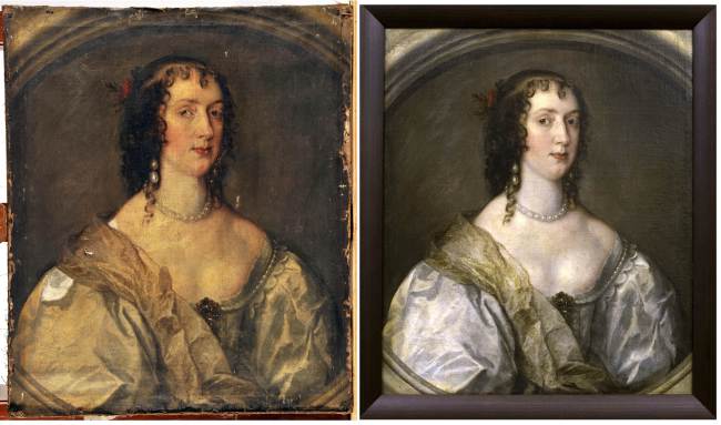 A combo of handout pictures received on Monday from The Bowse Museum shows Sir Anthony Van Dyck’s painting of Olivia Boteler Porter, lady-in-waiting to Henrietta Maria, the wife of English king Charles I, before restoration (left) and after restoration at The Bowse Museum in Bernard Castle, northeast England.    AFP-Yonhap News