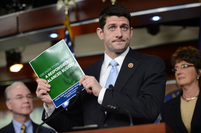 Chairman of the House Budget Committee Paul Ryan releases the House Budget Committee’s Fiscal Year 2014 Budget Resolution during a press conference on the budget, on Capitol Hill in Washington, D.C., Tuesday.    UPI-Yonhap News