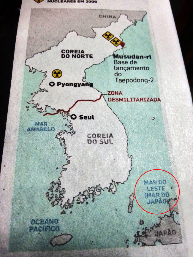 The map used by O Estado de S. Paulo, a major Brazilian daily newspaper, which designates the sea between Korea and Japan as “Mar do Leste (Mar do Japao),” meaning the East Sea (the Sea of Japan)   Yonhap News