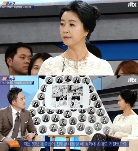 김부선(김근희/영화배우)
지난 18일 방송된 종합편성채널 JTBC ‘표창원의 시사 돌직구’ 5회에서는 김부선이 출연해 연예계 성상납 제의와 통장잔고에 대해 속시원한 발언을 쏟아냈다.