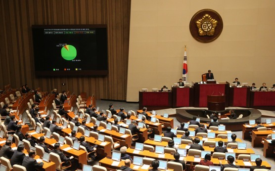 Lawmakers vote on a bill to reorganize the government at the National Assembly in Seoul on Friday. (Yonhap News)