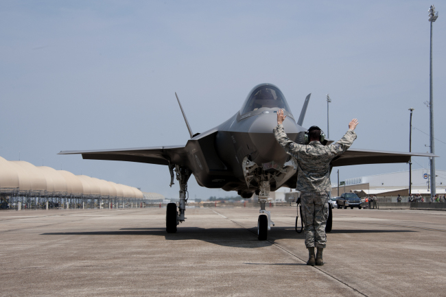 An F-35A lands at Eglin U.S. Air Force Base in Florida.   USAF