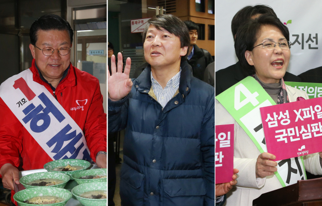 허준영(좌측부터/전공기업인/전경찰공무원),안철수(전기업인/전교수),김지선(정당인)
Candidates for Seoul’s Nowon C constituency promote their campaigns. From left: Saenuri Party candidate Huh Joon-young, independent Ahn Cheol-soo and Progressive Justice Party candidate Kim Ji-seon.   Yonhap News