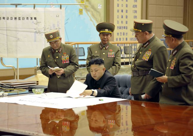 김정은(정치인/북한국방위원회제1위원장)
North Korean leader Kim Jong-un is seen at an urgent operation meeting on the Korean People’s Army’s Strategic Rocket Force’s performance of duty in a photo released by the North’s Korean Central News Agency.   Yonhap News