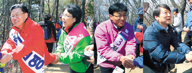 허준영(좌측부터/전공기업인/전경찰공무원),김지선(정당인),정태흥(정당인),안철수(전기업인/전교수),이동섭(정당인/전교수)
Candidates running in Seoul’s Nowon C constituency court voters on the campaign trail. From left are the Saenuri Party’s Huh Joon-young, Progressive Justice Party’s Kim Ji-seon, Unified Progressive Party’s Jung Tae-heung and independent Ahn Cheol-soo (Yonhap News)