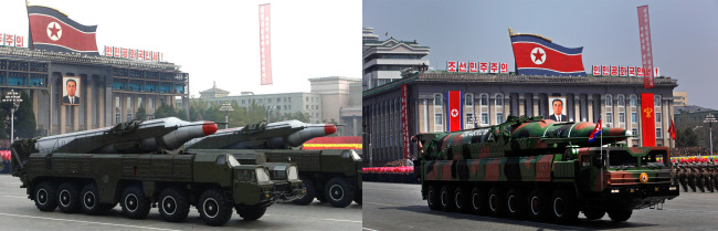 An intermediate-range missile, believed to be the Musudan missile (left photo), is unveiled during a military parade to mark the 65th anniversary of the founding of North Korea’s ruling Workers’ Party in October 2010. A long-range missile presumed to be the KN-08 (right photo) is shown during a ceremony to mark the centennial birthday of the North’s late national founder Kim Il-sung in April 2012.   Yonhap News