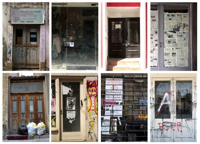A combo pictures shows doors of shops that closed down in Nicosia due to the economic crisis in Cyprus. AFP-Yonhap News