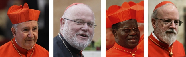 (From left) Cardinal Francisco Javier Errzuriz Ossa, Cardinal Reinhard Marx, Cardinal Laurent Monsengwo Pasinya and Cardinal Sean Patrick O’Malley.
AP-Yonhap News