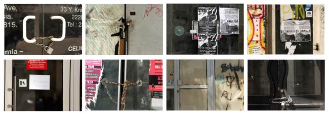 <YONHAP PHOTO-2179> A combo made on April 05, 2013 of recent pictures shows doors of shops that closed down in Nicosia due to the economic crisis in Cyprus. An exit from the eurozone may look tempting for Cyprus in the throes of economic collapse but it poses a high-risk option for an island economy heavily reliant on imports, analysts say. AFP PHOTO / PATRICK BAZ../2013-04-05 23:33:07/ <저작권자 ⓒ 1980-2013 ㈜연합뉴스. 무단 전재 재배포 금지.>
Doors of shops that closed down in Nicosia due to the economic crisis in Cyprus.    AFP-Yonhap News