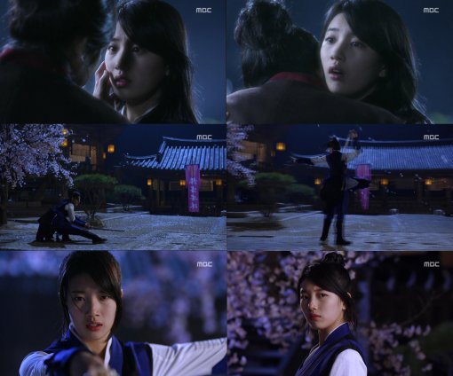 수지(배수지/가수/미쓰에이)
16일 방송된 MBC 월화드라마 ‘구가의 서’ 4회에서 수지(담여울 역)는 백년객관에 횡포를 부리기 위해 찾아온 조관웅(이성재 분)을 저지하는 이승기(최강치 역)의 모습을 지켜보며 그에 대한 관심을 가지기 시작했다.