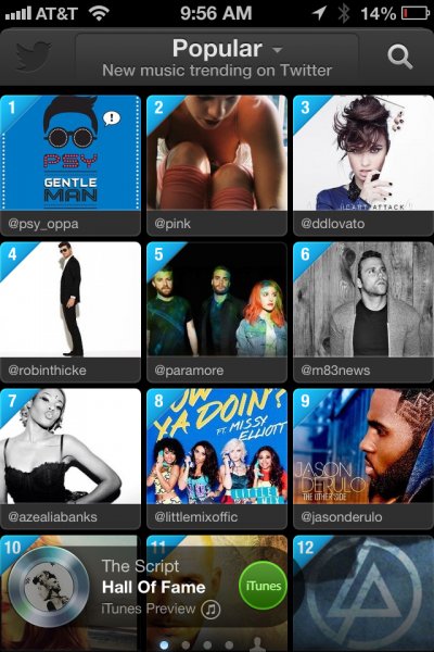 a capture from Twitter's new music app "Twitter #music"