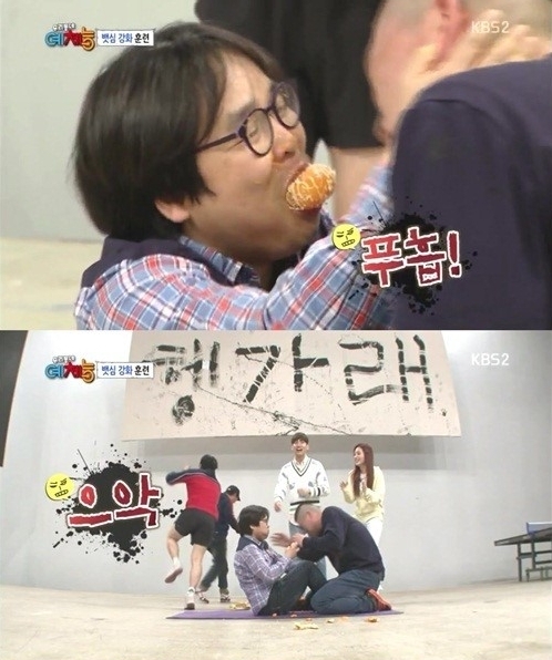 정은표(좌부터/탤런트/영화배우),강호동(MC/개그맨)
23일 방송된 KBS 2TV 예능프로그램 ‘우리동네 예능과 체육의 능력자’(이하 ‘우리동네 예체능’)에서는 강호동과 짝을 지어 윗몸 일으키기를 하다 울컥한 정은표의 모습이 전파를 탔다.