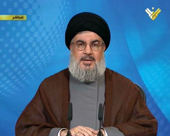 An image grab taken from Lebanon’s Hezbollah-run Manar TV shows Hezbollah leader Hassan Nasrallah delivering a speech from an undisclosed location in Lebanon on Tuesday.   AFP-Yonhap News