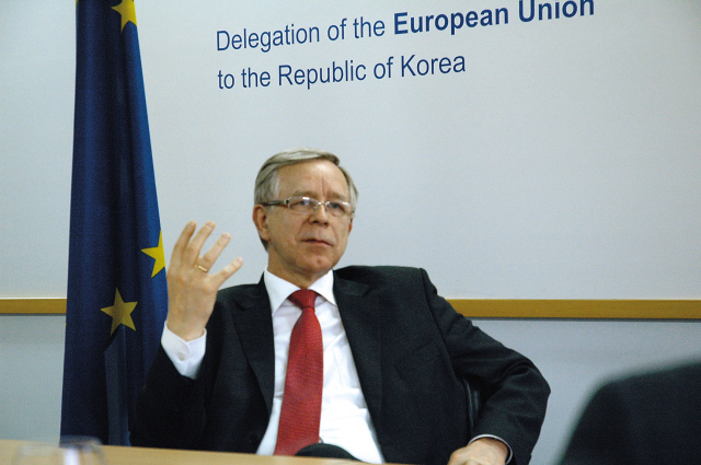 European Union Ambassador to Korea Tomasz Kozlowski gestures during an interview with The Korea Herald at his office in Seoul on Tuesday. (Philip Iglauer/The Korea Herald)