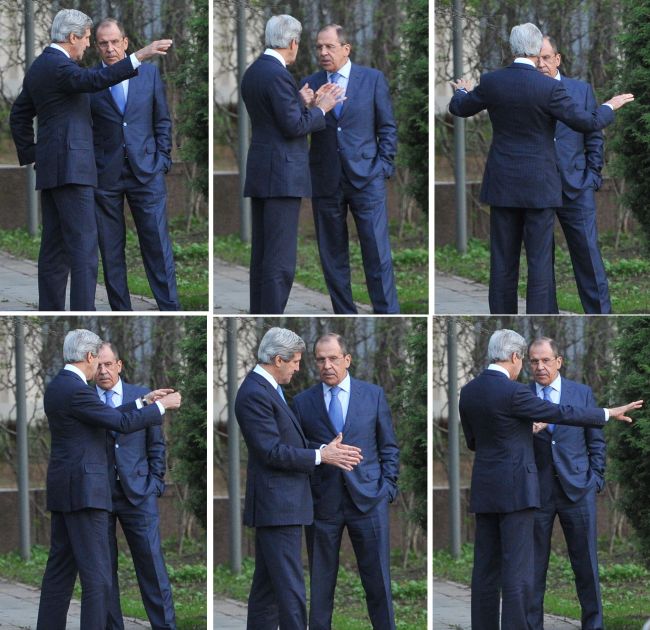 This combination photo shows U.S. Secretary of State John Kerry and his Russian counterpart Sergey Lavrov discussing issues in Moscow on Tuesday.   AFP-Yonhap News