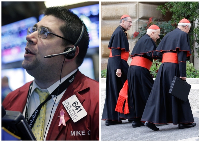 This combination photo shows stock trader Michael Capolino at the New York Stock Exchange and cardinals arriving for a meeting at the Vatican.   AP-Yonhap News