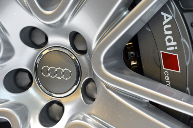 The Audi logo is seen on the ceramic brake of an Audi RS7 Quattro automobile.    Bloomberg