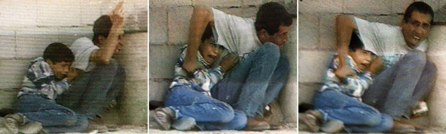 A Sept. 30, 2000, file combo of TV grabs from France 2 footage taken during Israeli-Palestinian clashes in Netzarim in the Gaza Strip shows Jamal al-Dura and his son Mohammed, 12, hiding behind a barrel from Israeli and Palestinian fire.   AFP-Yonhap News