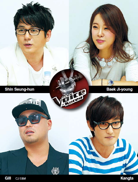 신승훈(좌부터/가수),백지영(가수),길(길성준/가수/리쌍),강타(안칠현/가수)
Singers Baek Ji-young, Kangta, Gill and Shin Seung-hun have returned to the second round of “The Voice of Korea 2” live showcase showdowns. The coaches and their remaining trainees got together during a round interview held at the Goyang Sports Complex in Ilsan on Friday and shared their thoughts on coaching the young hopefuls.