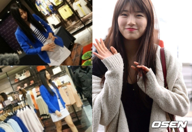 수지(배수지/가수/미쓰에이)
최근 한 온라인 커뮤니티 게시판에 ‘수지는 역시 실물 미모가 대박’이라는 제목의 사진이 게재됐다. 사진 속 수지는 스트라이프 티셔츠에 하얀색 스커트, 블루 재킷을 매치한 채 매장 을 거닐고 있다.