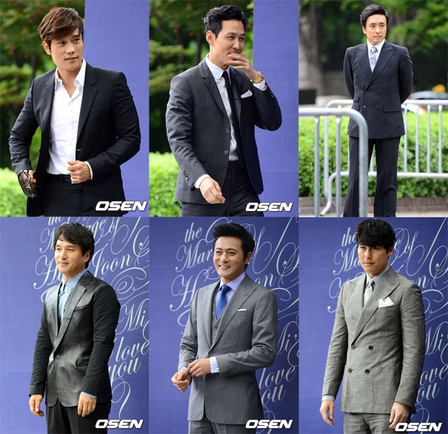 이병헌(위쪽좌부터/영화배우/탤런트),이정재(영화배우/탤런트),김승우(영화배우/탤런트),조재현(영화배우/교수),장동건(영화배우/탤런트),정우성(영화배우/탤런트)
배우 신현준(45)의 결혼식에 톱스타들이 대거 총출동했다.