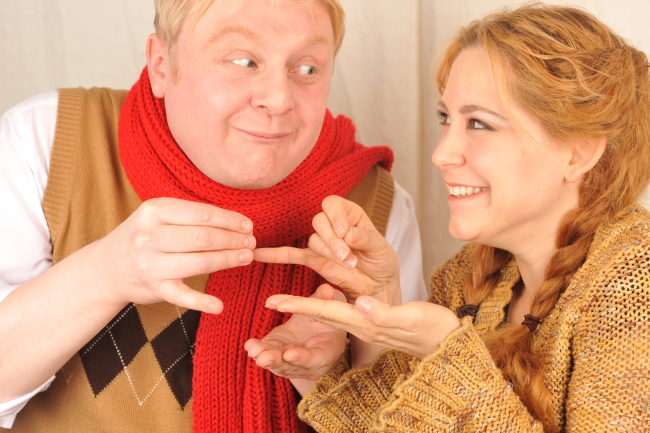 Lucy (Stephanie Ann Foster) shares tea with Mr. Tumnus (Robbie Quinn) in “The Lion, the Witch and the Wardrobe.”   Chis Backe
