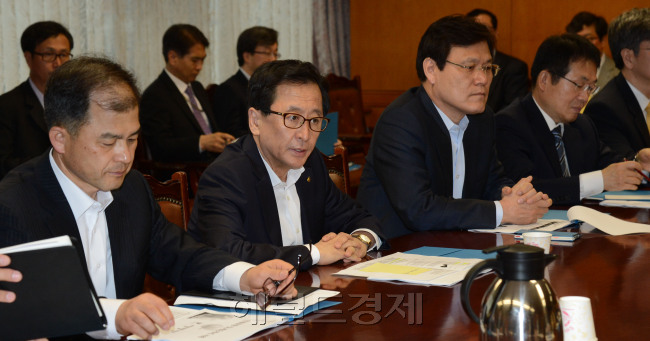29일 최수현 금융감독원장이 제1회 '민원점검의 날'을 맞아 금융감독원에서 회의를 주재하고 있다. 이 날 회의는 담당국장들의 민원유발요인과 대응방안,민원동향과 관련제도개선 사례등을 분석 개선책을 논의하였다.<br />정희조 기자/checho@heraldcorp.com 130529