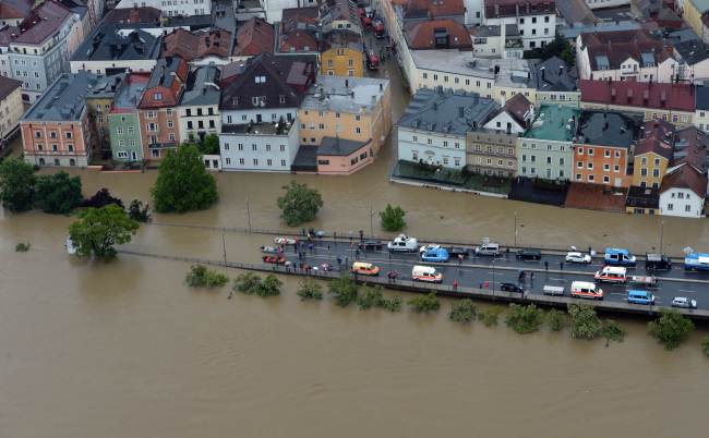An aerial view of the overflooded German city of Passau on Monday.   AFP-Yonhap News