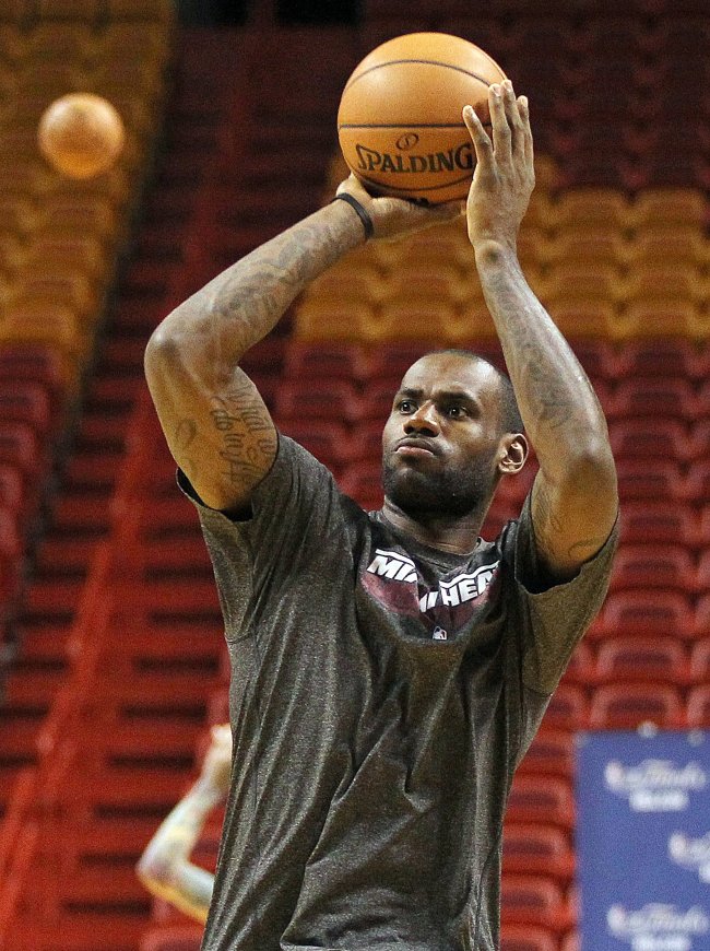 Miami Heat’s LeBron James shoots a basket during practice at AmericanAirlines Arena in Miami on Wednesday.   MCT