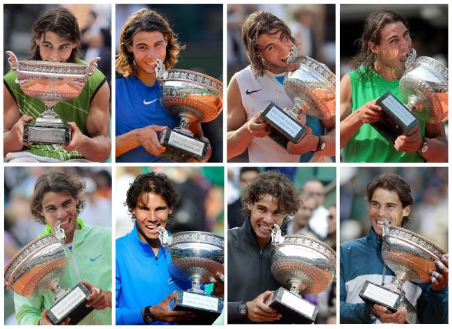 라파엘나달(RafaelNadal/테니스선수)
This combination photo shows Rafael Nadal in each of his eight victories at the French Open.   AFP-Yonhap News