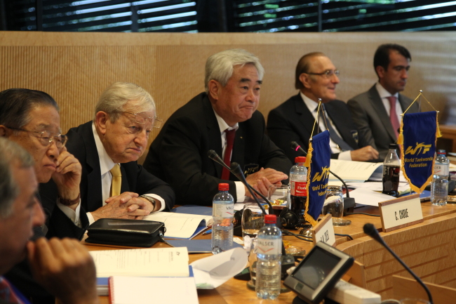 World Taekwondo Federation president Choue Chung-won (third from right) attends the WTF council meeting at the IOC headquarters in Lausanne on Friday.   WTF