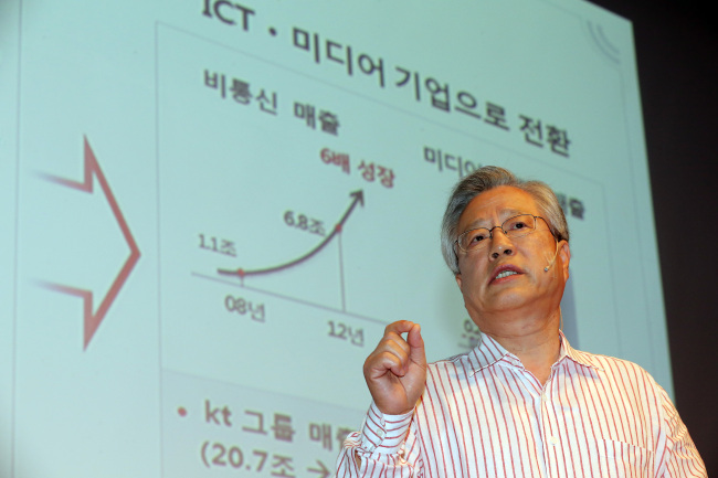 KT chairman Lee Suk-chae speaks about the company’s investment plan at a news conference in Seoul on Tuesday.   Yonhap News