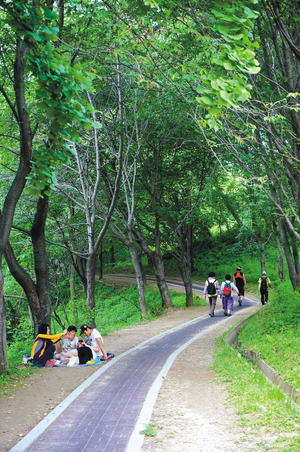 Coastal panorama of Ganghwa Island with green mountains and fortified walls stretching along the shoreline near the Han River estuary