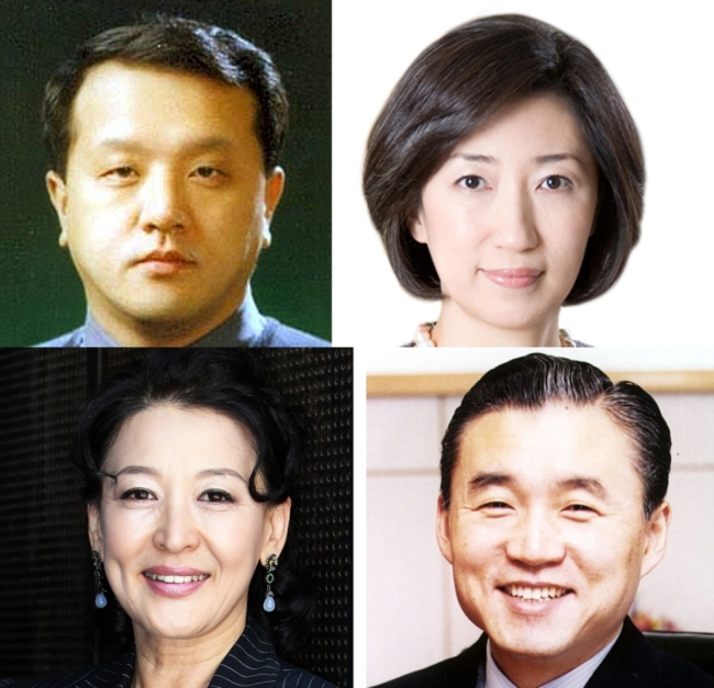 This combination of four file pictures shows four people whose names were included in the list of Koreans who set up paper companies in the tax haven, released by the Korea Center for Investigative Journalism, in collaboration with the International Consortium of Investigative Journalists. Clockwise from left: Chun Jae-kook, eldest son of former President Chun Doo-hwan, Hanjin Shipping chairwoman Choi Eun-young, former Central Banking Corp. chief Kim Seok-ki and his wife and actress Yoon Suk-hwa (Yonhap News)