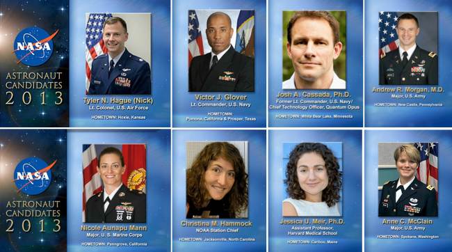 This composite of video images provided by NASA TV on Monday shows eight candidates selected to train for its 2013 astronaut class after an extensive search.   AFP-Yonhap News
