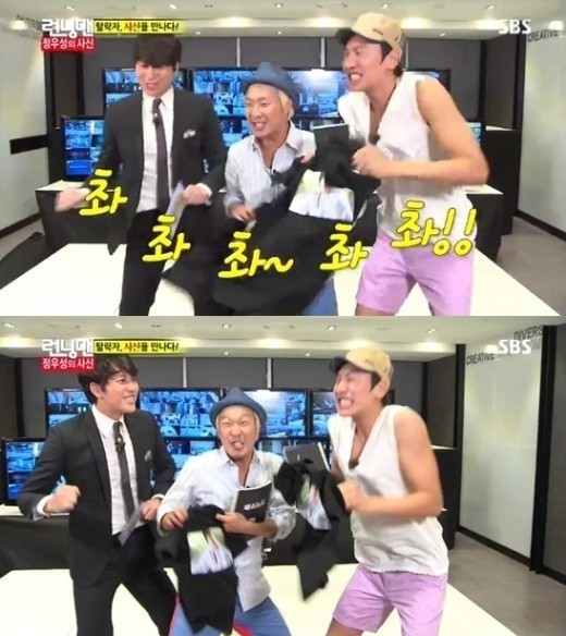정우성(좌부터/영화배우/탤런트),하하(하동훈/가수),이광수(탤런트)
배우 정우성이 첫 출연한 예능 프로그램에서 코믹댄스를 선보이며 시청자들을 사로잡았다.