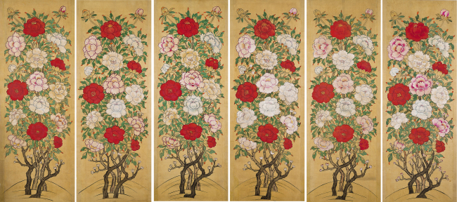 “Peonies” a six-panel folding screen from the 19th century.   Gana Art Gallery