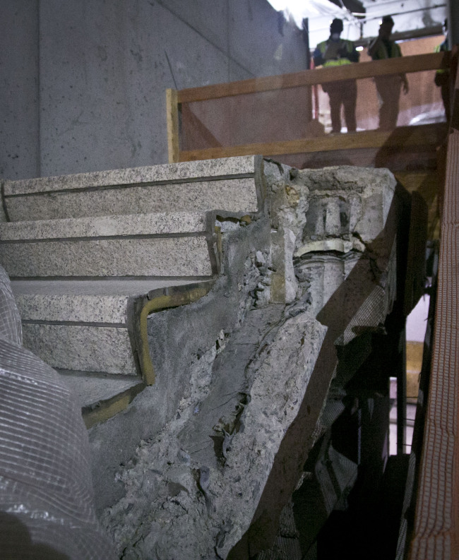 Part of a stairway from the World Trade Center site is shown in its permanent location at the 911 Memorial Museum on Thursday in New York. AP-Yonhap News
