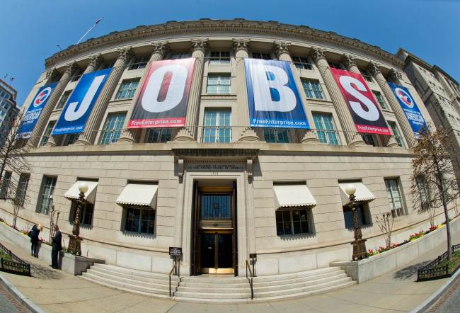 A jobs sign is seen on the front of the U.S. Chamber of Commerce building in Washington on April 9.   AFP-Yonhap News